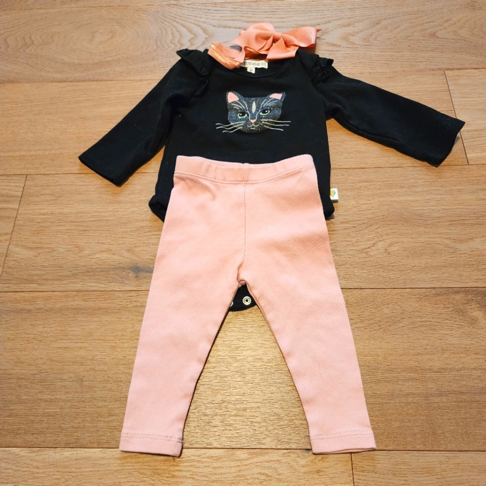Black Cat Long Sleeve Onesie with Pink Pants